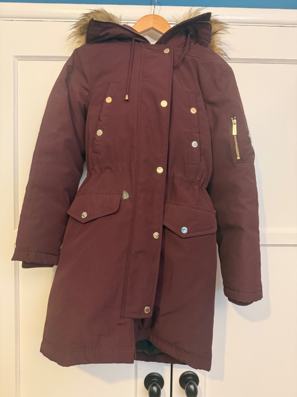 Michael Michael Kors Womens Burgundy Down Cinch Waist Parka Puffer - Size S